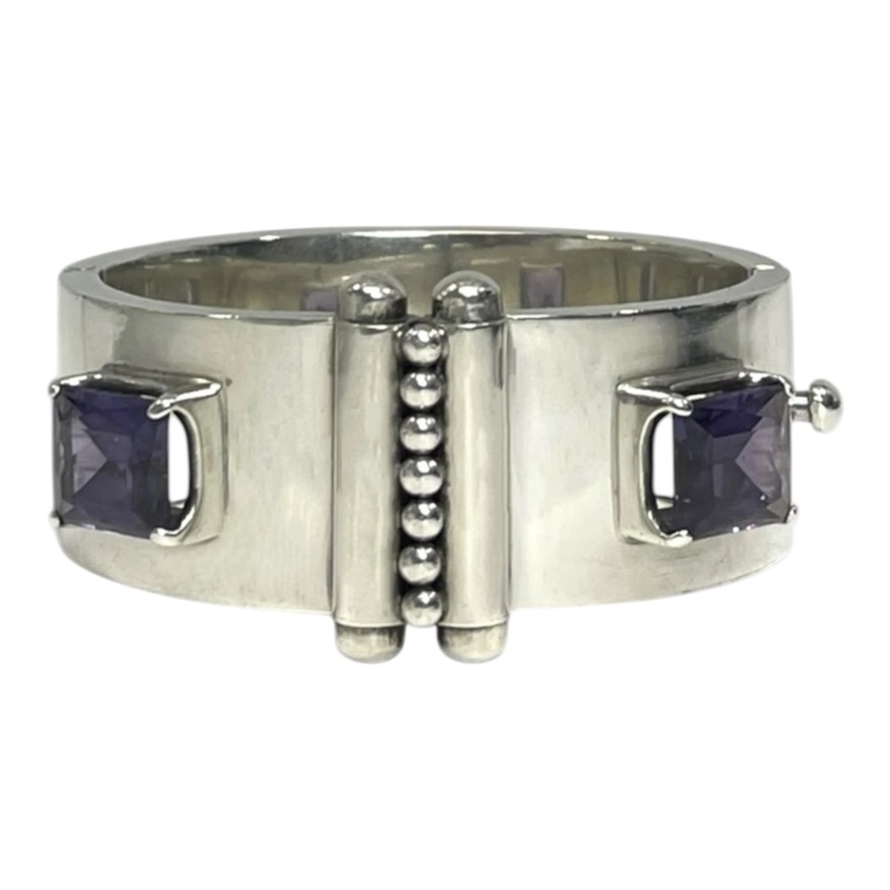 Vintage Mexican Sterling Silver Amethyst Wide Bangle Bracelet Signed RARE 92.1g